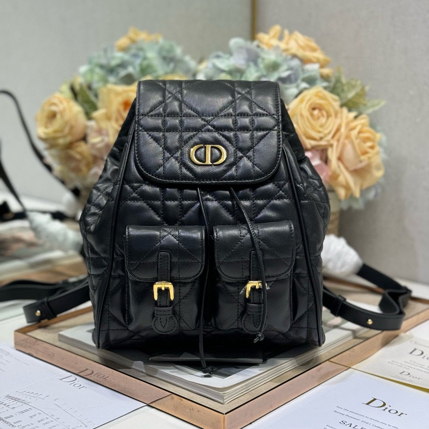 CD Caro Medium Size Backpack Black Sheepskin  23 x 26.7 x 12.5 cm