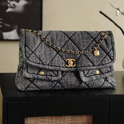 CC 2025 Classic Flap Bag Black Denim Fabric Gold Hardware