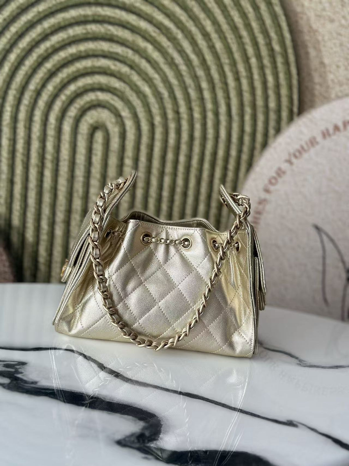 CC 2025 Hobo Bag Gold 22cm Metallic Grained Calfskin