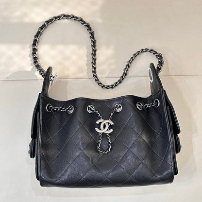 Chanel 2025 Hobo Bag 22cm Black Caviar Leather With Silver Hardware