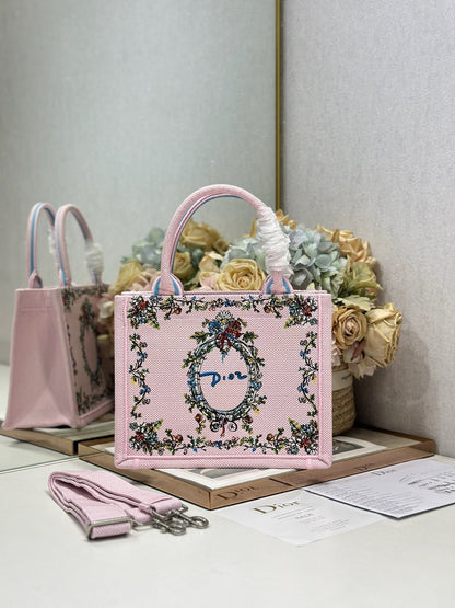 CD Medium Dioriviera Book Tote Pink Embroidered Canvas 158040