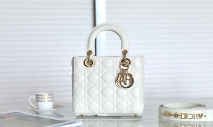 CD Medium Lady 20cm Bag White Calfskin Ghw