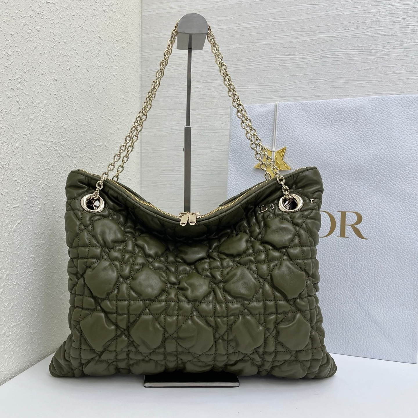 CD Small Cannage Quilted Tote Bag Olive Green Cowhide 158911