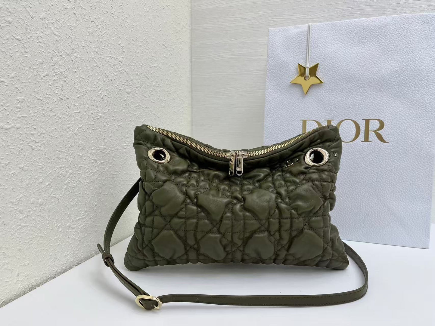 CD Small Cannage Quilted Tote Bag Olive Green Cowhide 158911