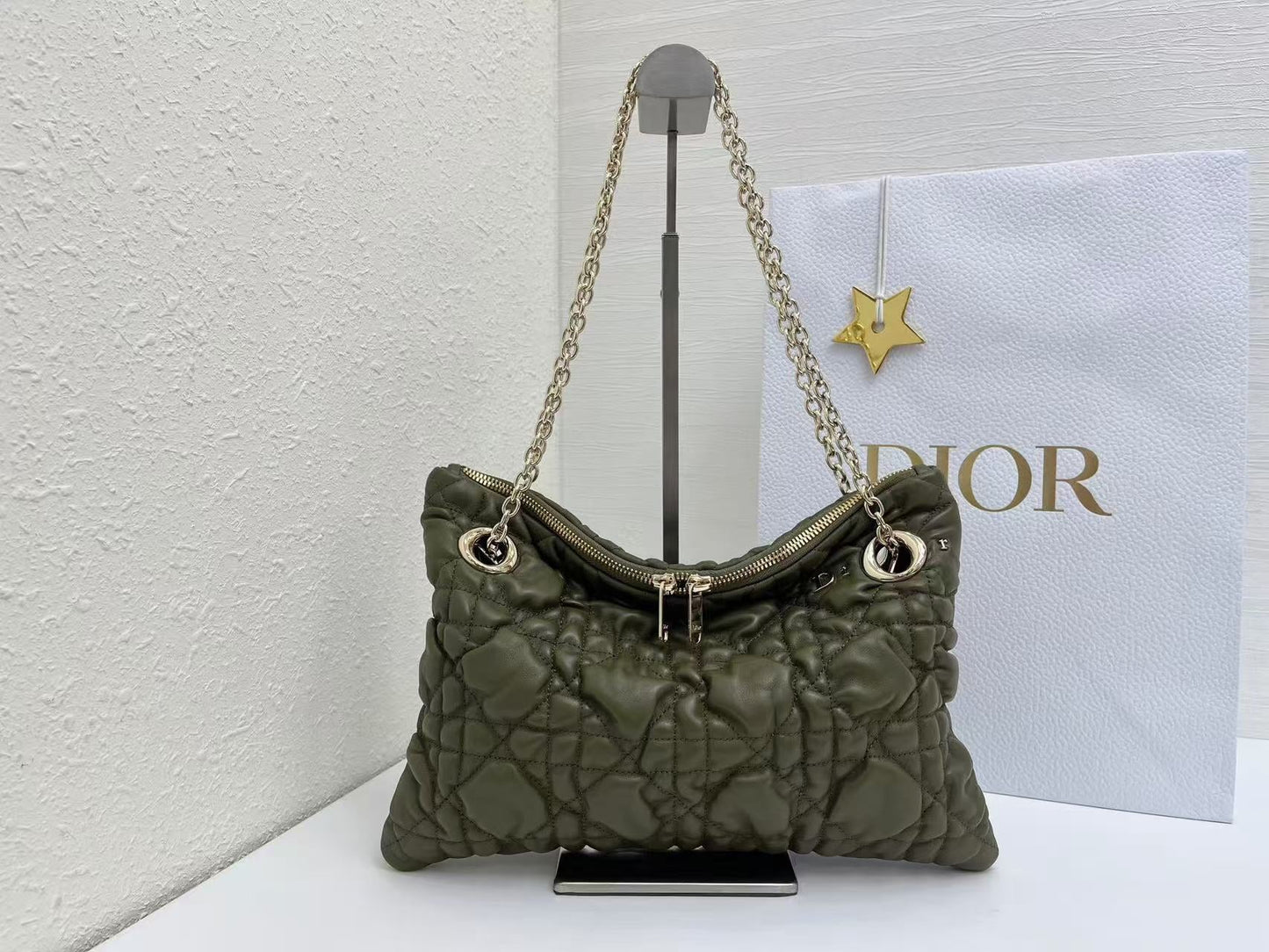 CD Small Cannage Quilted Tote Bag Olive Green Cowhide 158911