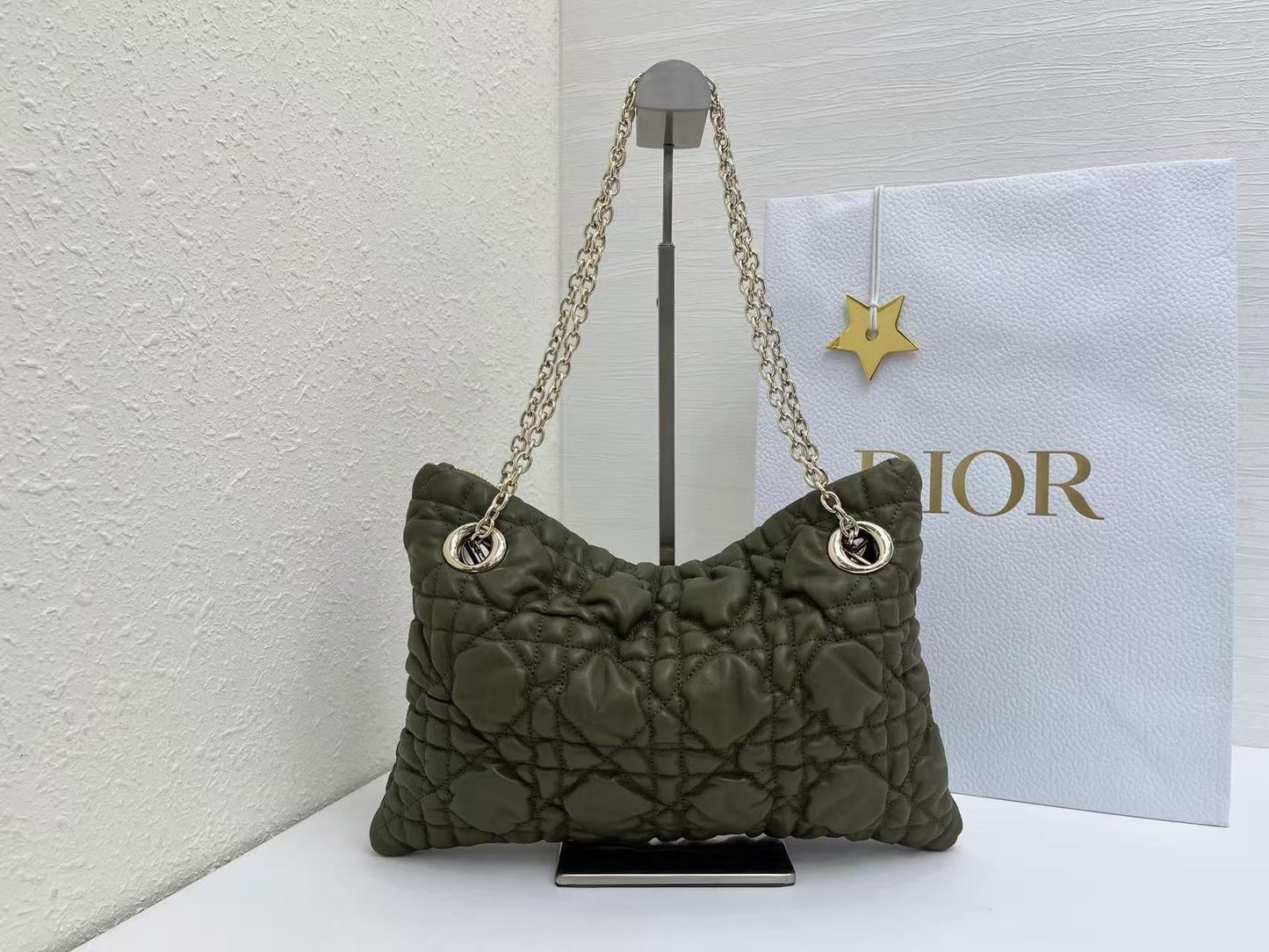 CD Small Cannage Quilted Tote Bag Olive Green Cowhide 158911