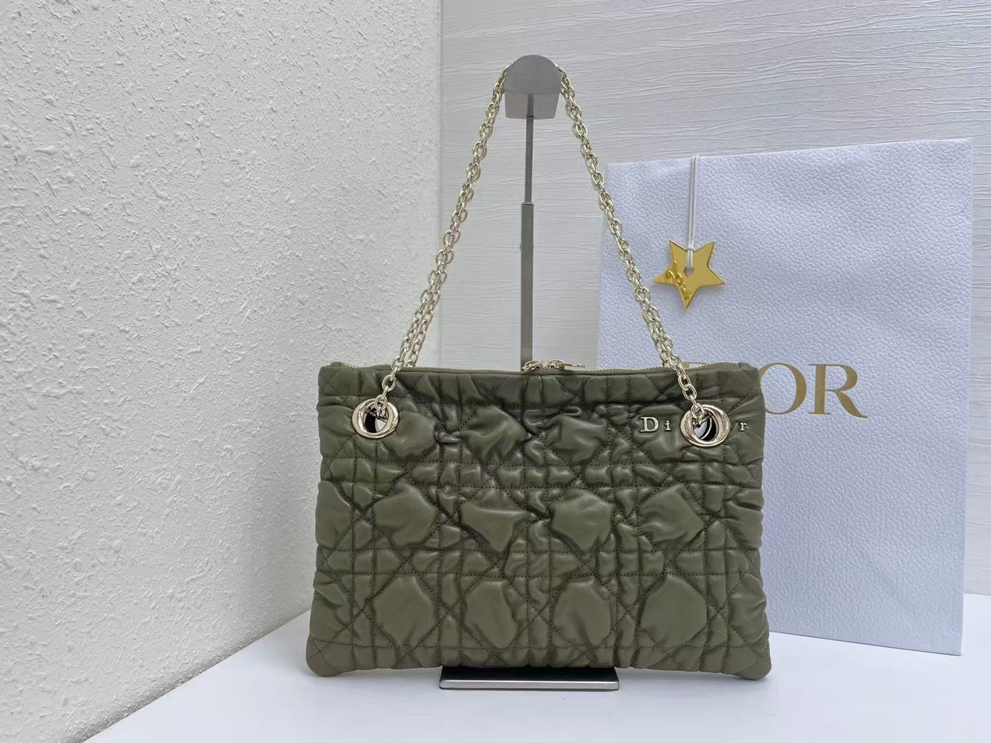 CD Small Cannage Quilted Tote Bag Olive Green Cowhide 158911