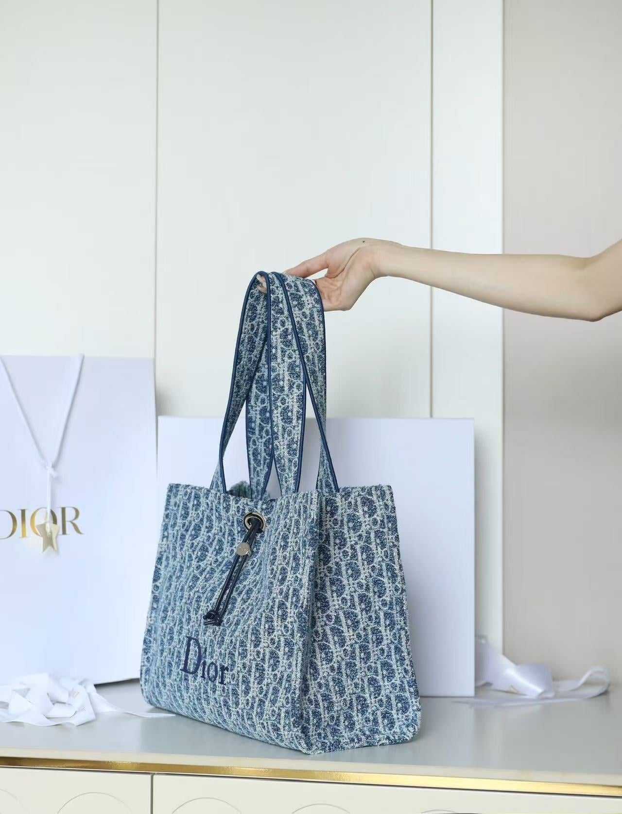 CD Dioriviera Spongy Book Tote Blue Printed Cotton