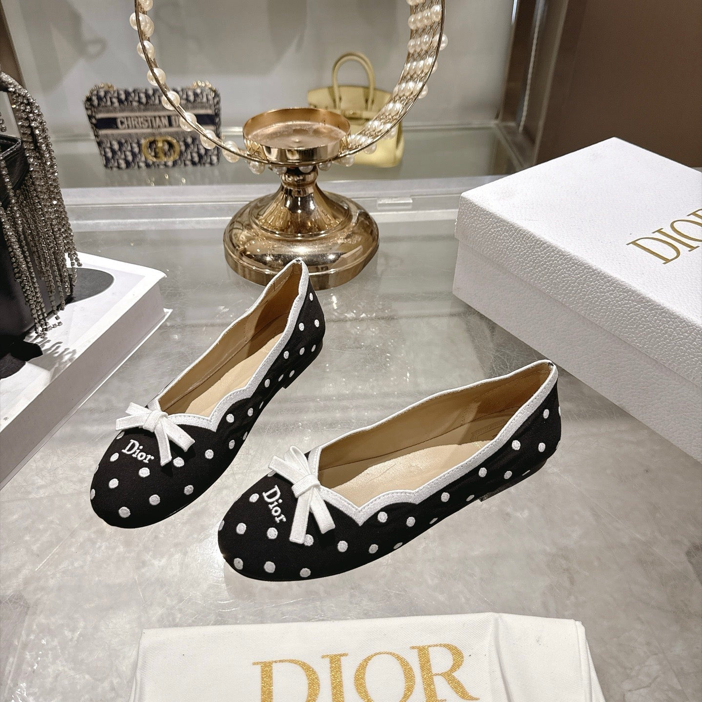 CD Romance Ballet Flat  Embroidered White PolkaDior Motif Black Cotton