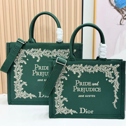 CD Book Tote Medium Pride and Prejudice Green Embroidery Canvas 159367