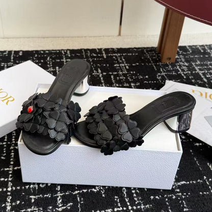 CD Bloom Mules 4.5CM Black Leather Flowers Bee Accent 966856