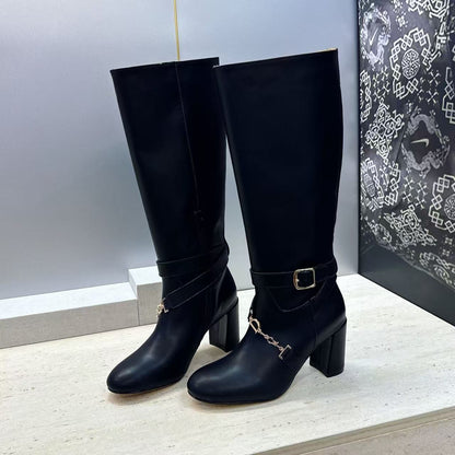 CD Michael Kors Hamilton Boots Gold Chain Buckle Black Leather