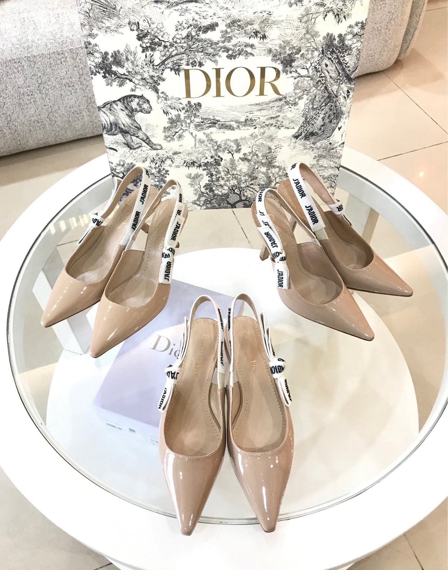 CD Slingback Pumps Beige Patent Calfskin