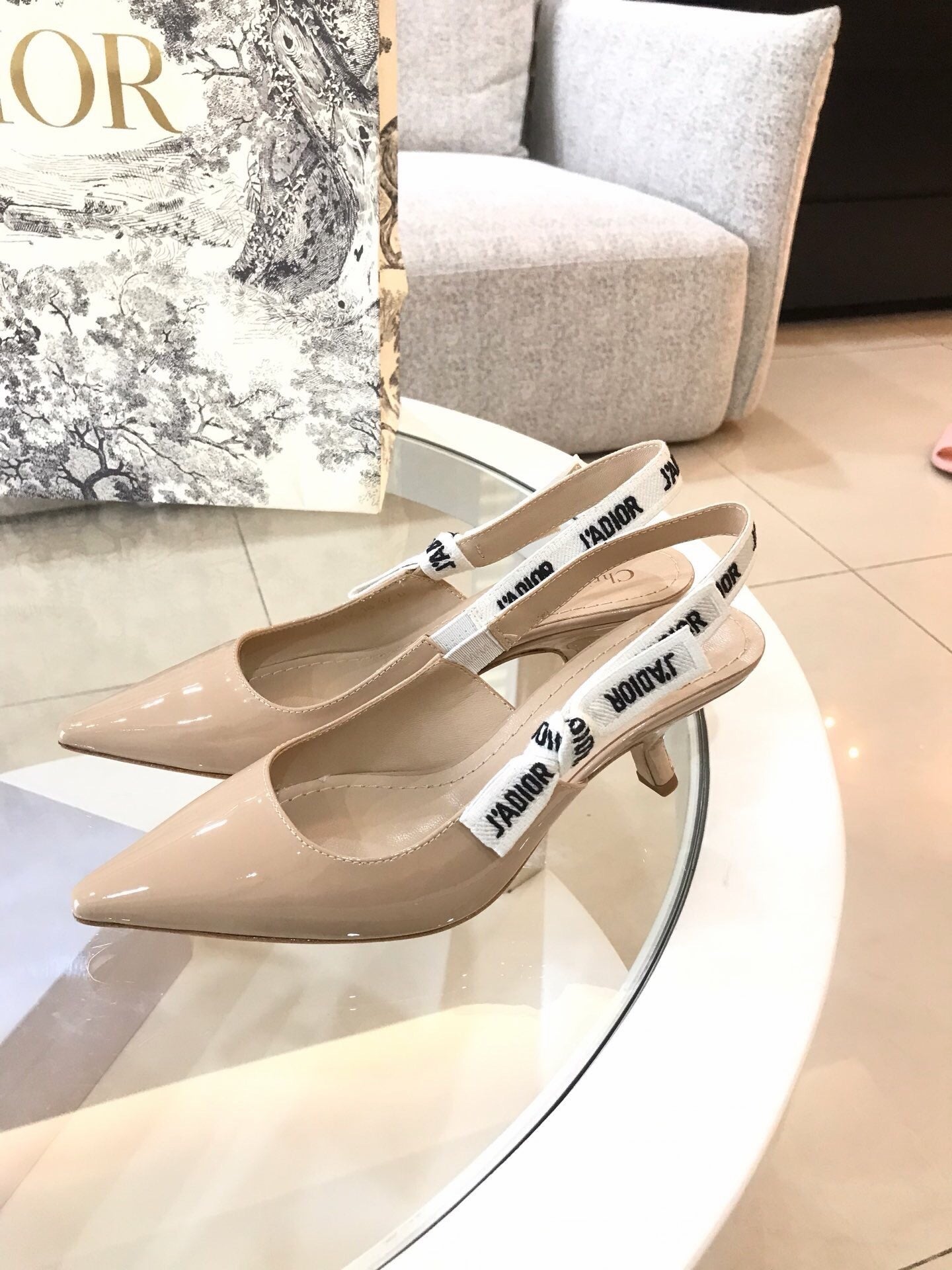 CD Slingback Pumps Beige Patent Calfskin