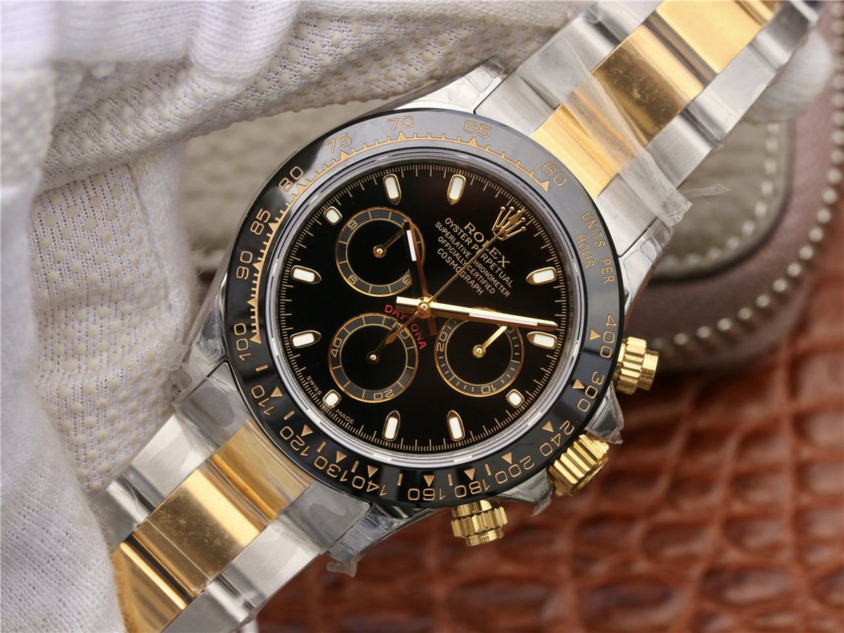 DAYTONA 40MM GOLD STEEL BLACK BEZEL BLACK DIAL
