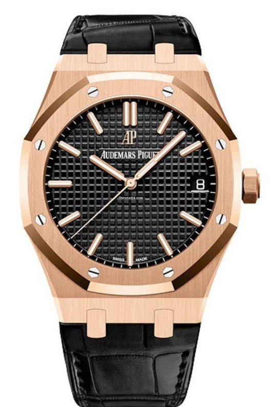 Audemars Piguet Royal Oak Selfwinding - Rose Gold - Black Dial - Black Leather Strap - Ref# 15500OR.OO.D002CR.01