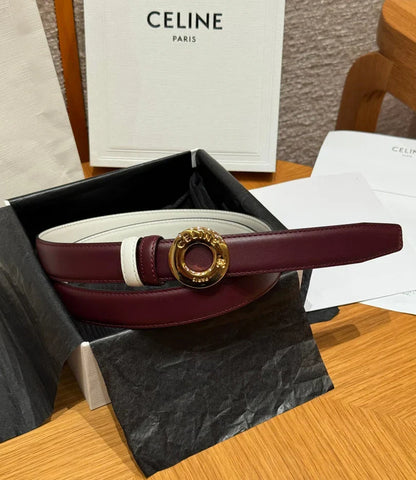 Celine 2026 Disc Buckle & Reversible Strap Belt 2.5cm Burgundy Leather
