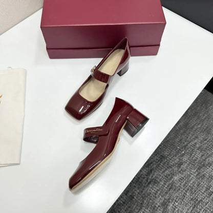 Dior 2026 Square Toe Velcro Chunky Heel Mary Jane Shoes 50mm Patent Leather