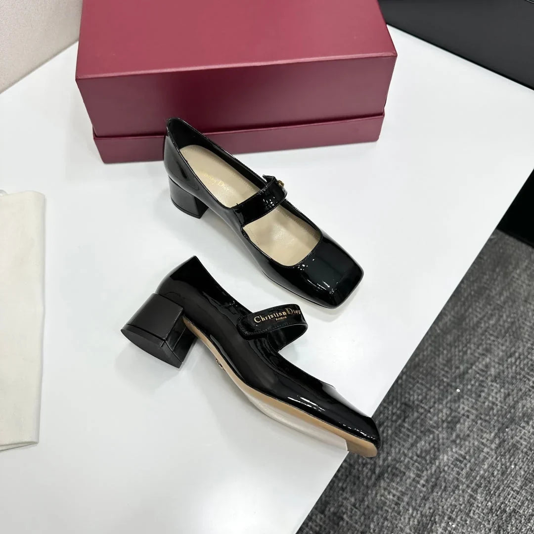 Dior 2026 Square Toe Velcro Chunky Heel Mary Jane Shoes 50mm Patent Leather
