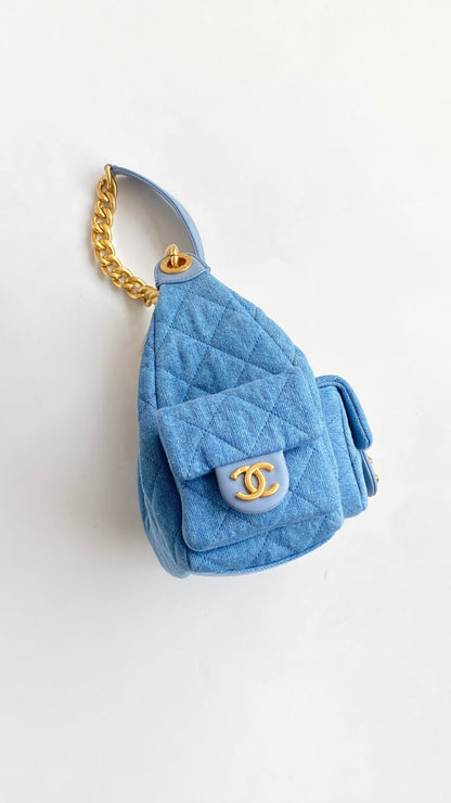 Chanel 25 Large Cargo Hobo Bag Blue Gold Denim Fabric