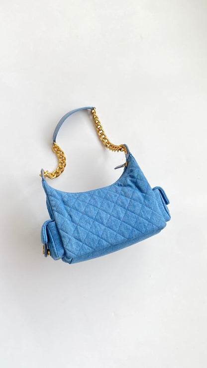 Chanel 25 Large Cargo Hobo Bag Blue Gold Denim Fabric