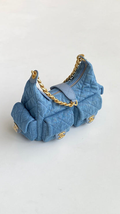 Chanel 25 Large Cargo Hobo Bag Blue Gold Denim Fabric