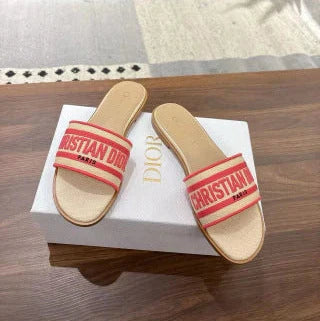 CD 26s Embroidered Sandals Beige Red Canvas Sheepskin 664315