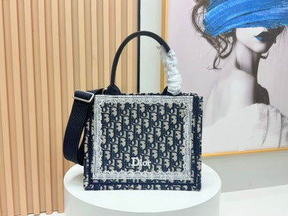 Dior Book Tote Blue Dior Oblique Embroidery and White Lace