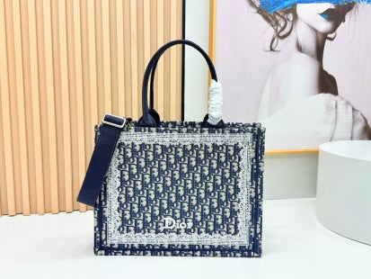 Dior Book Tote Blue Dior Oblique Embroidery and White Lace