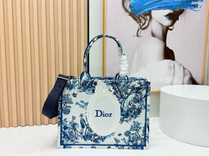 Dior Book Tote With Strap Blue Toile De Jouy Floral Garden Canvas