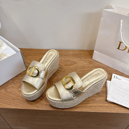 Dior 2026 CD Logo Wedge Sandals 95mm Straw Leather 911783