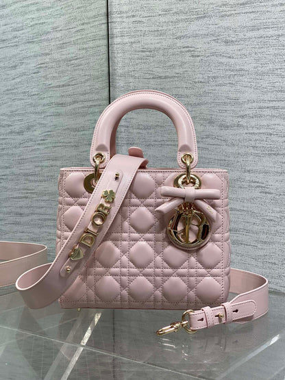 Dior 2026 Bow Lady Dior Pink Cannage Lambskin With Gold Charm 286609