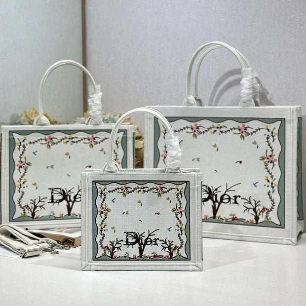 Dior 2026 Book Tote Bag With Multicolored White Revolution Flowers Embroidery Canvas