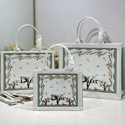 Dior 2026 Book Tote Bag With Multicolored White Revolution Flowers Embroidery Canvas
