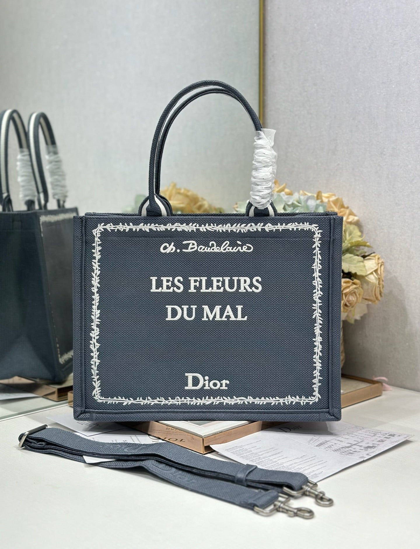 CD Les Fleurs du Mal Book Tote Grey Canvas