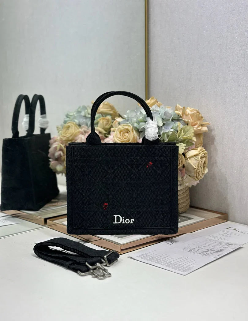 CD 2026 Book Tote Bag With Red Beetle-shaped Embellishments Black Canvas 288481