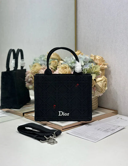 CD 2026 Book Tote Bag With Red Beetle-shaped Embellishments Black Canvas 288481
