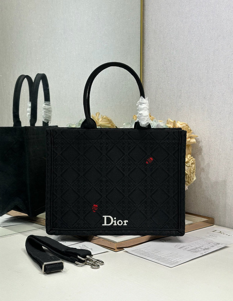 CD 2026 Book Tote Bag With Red Beetle-shaped Embellishments Black Canvas 288481