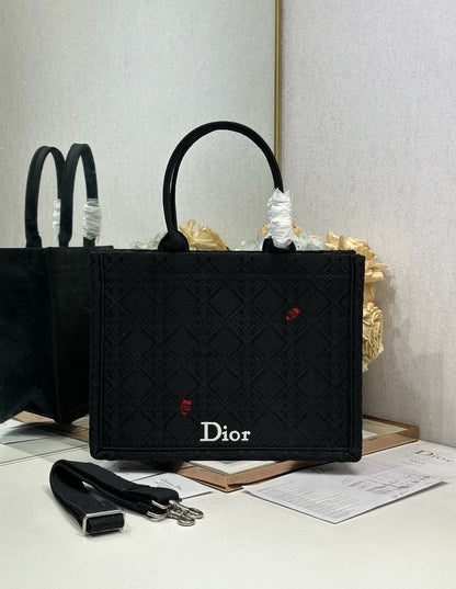 CD 2026 Book Tote Bag With Red Beetle-shaped Embellishments Black Canvas 288481