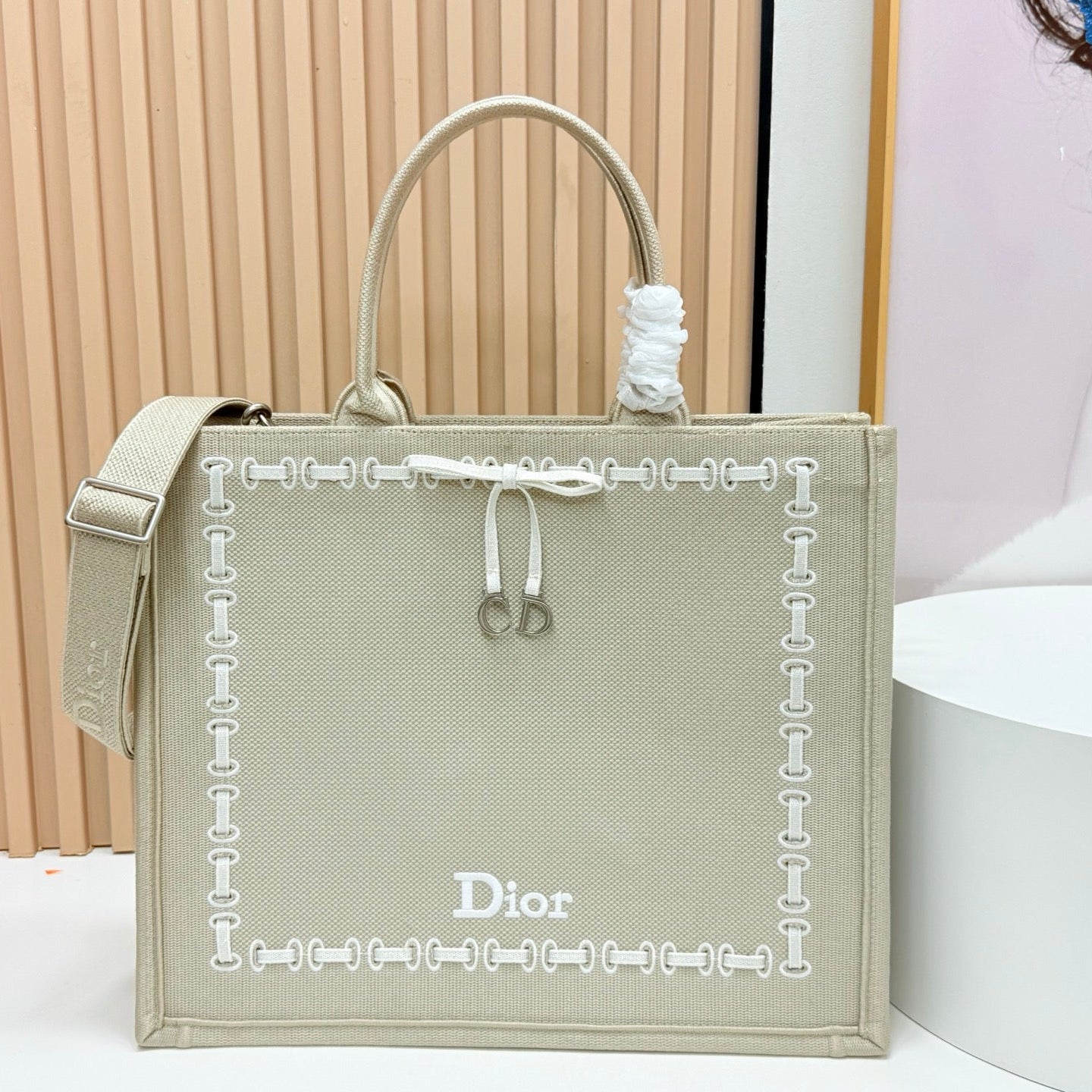 CD Book Tote Bag with Strap Beige in Embroidery 155367
