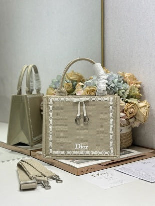 CD Book Tote Beige Embroidery and White Woven Grosgrain Ribbon