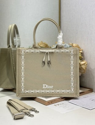 CD Book Tote Beige Embroidery and White Woven Grosgrain Ribbon
