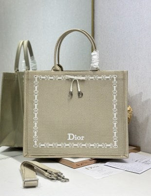 CD Book Tote Beige Embroidery and White Woven Grosgrain Ribbon
