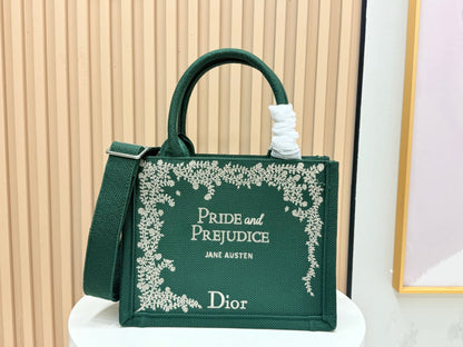 CD Book Tote Medium Pride and Prejudice Green Embroidery Canvas 159367