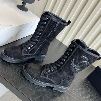 Chanel 2026 Quilted Logo Lace Up Tall Combat Boots Suede Cowhide 977208
