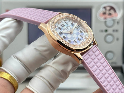 Patek Philippe Aquanaut 36mm Pink Gold Case Diamond Dial Light Purple Rubber Strap