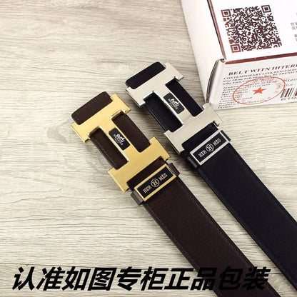 HM Double-sided Belt 38mm Black Cowhide Gold Buckle 620361