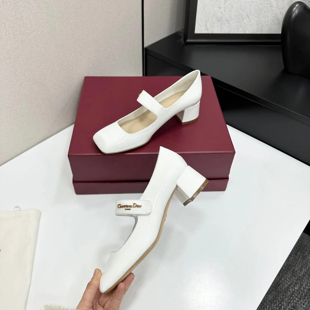 Dior 2026 Square Toe Velcro Chunky Heel Mary Jane Shoes 50mm Patent Leather