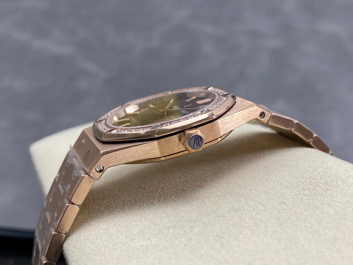 Audemars Piguet Royal Oak 33mm Pink Gold Case Brown Dial Diamond Bezel