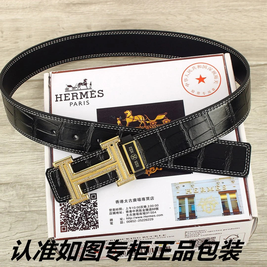 HM Original Belt 38mm Black Crocodile Pattern Gold Buckle 620264